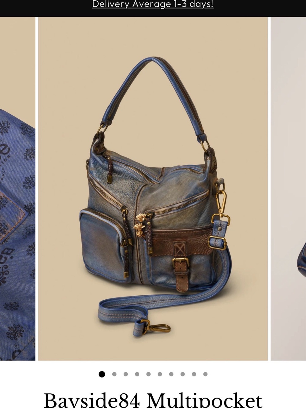 Bayside84 Distressed Blue Leather Multipocket Shoulder Bag